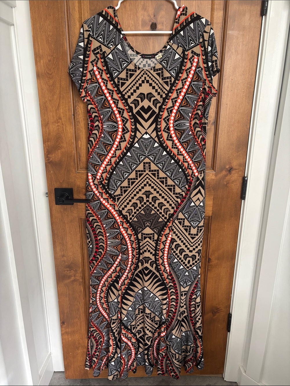 Cocomo Tan Maxi Dress with Black and Red Geometric Print